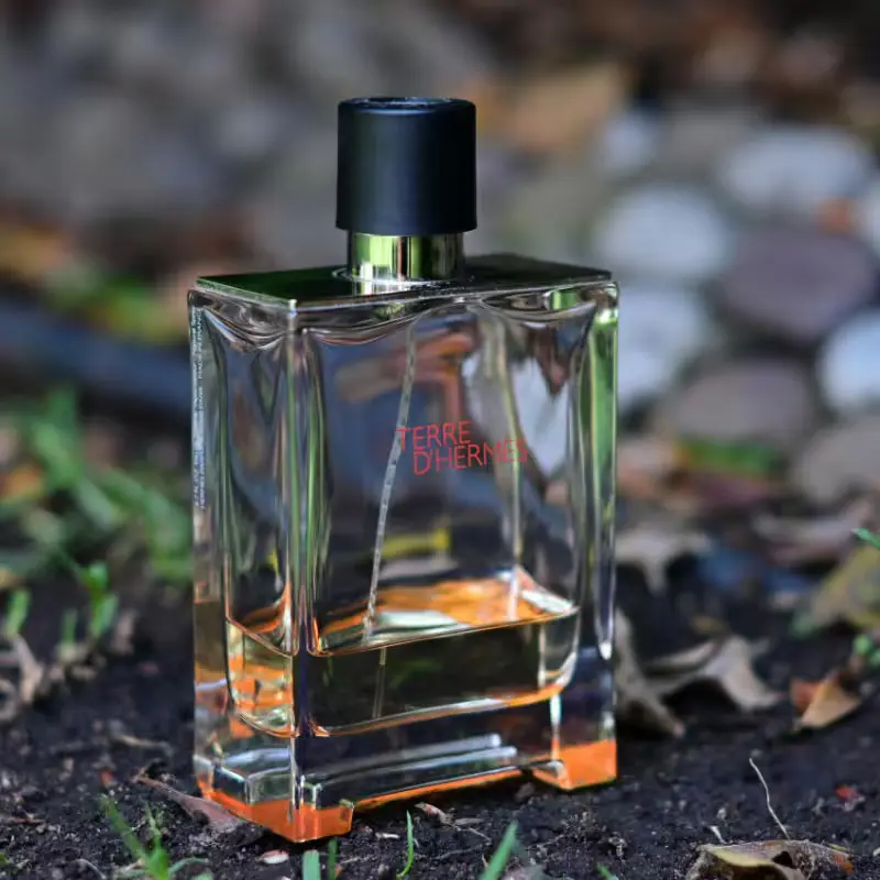 Perfume Terre d'Hermès em destaque, mostrando a embalagem com detalhes amadeirados.